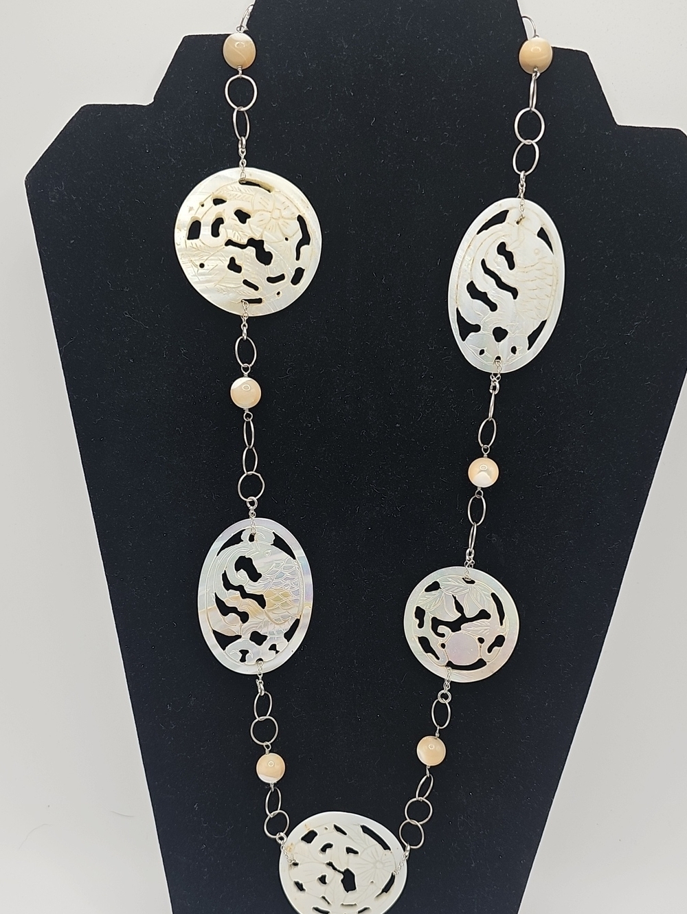 Mother of Pearl Carved Pendant Long Necklace - Sterling Delicate Chain.